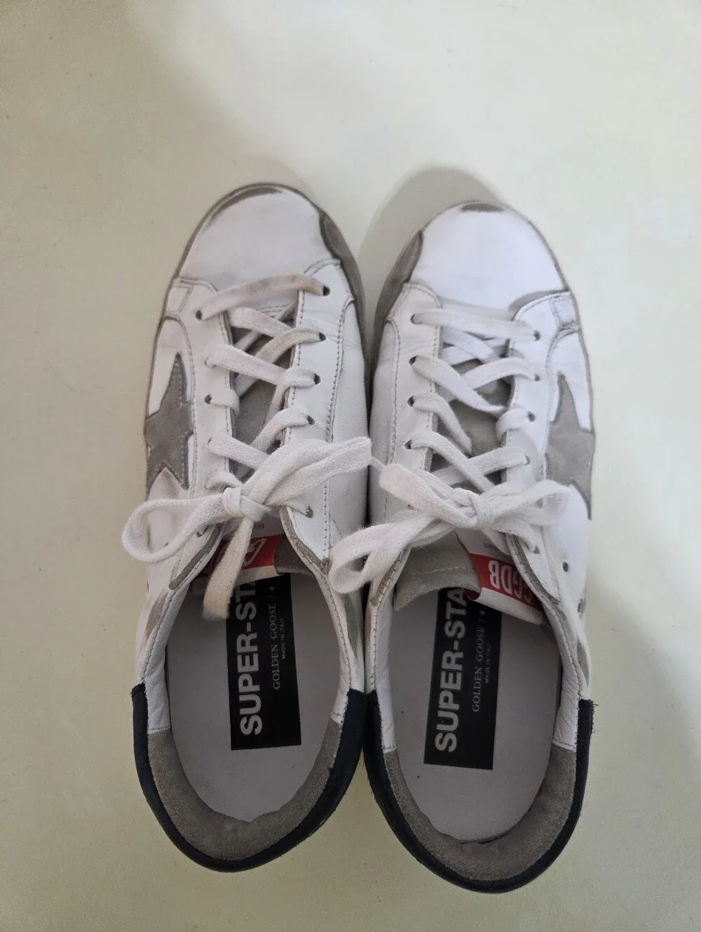 Golden Goose Super Star White Leather Sneakers with Gray Star and Navy Heel - Picture 4 of 10